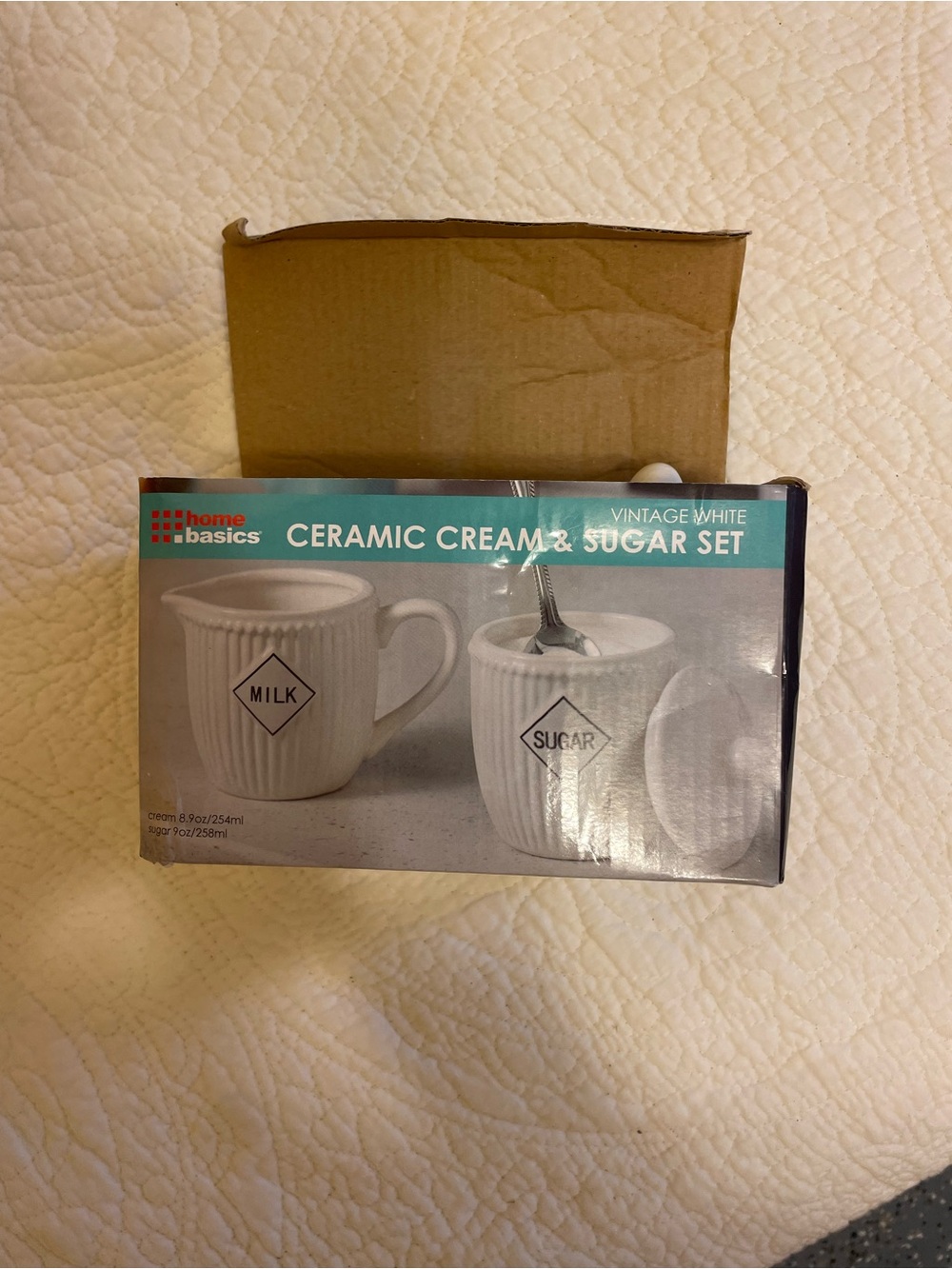 Home Basics Vintage White Ceramic Cream & Sugar Set with Labeled Design